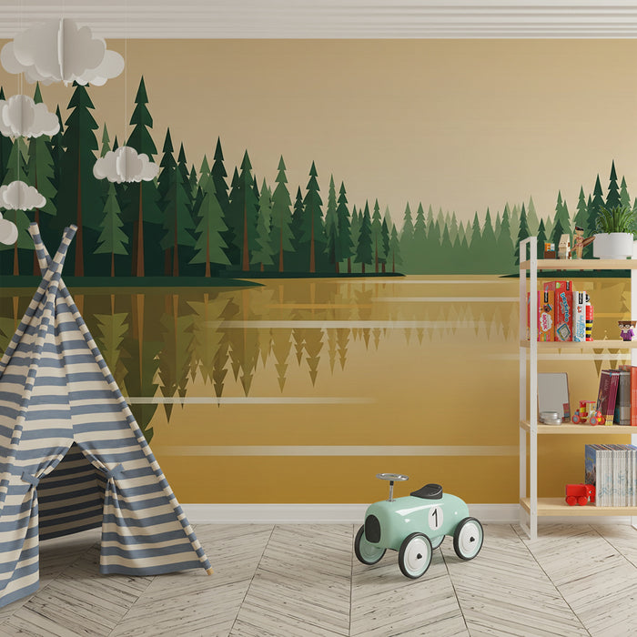 Carta da parati bambini | Foresta tranquilla con riflessi sull'acqua dorata