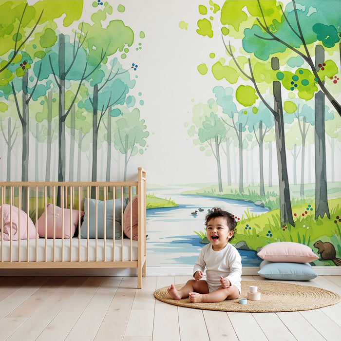 Carta da parati bambini | Foresta tranquilla con ruscello e animali