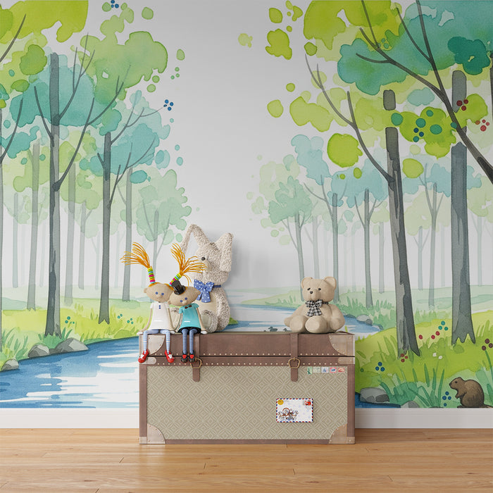 Carta da parati bambini | Foresta tranquilla con ruscello e animali