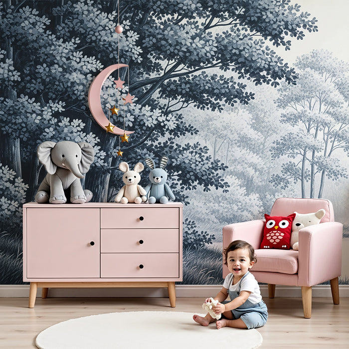 Kids' room wallpaper | Peaceful forest in shades of blue