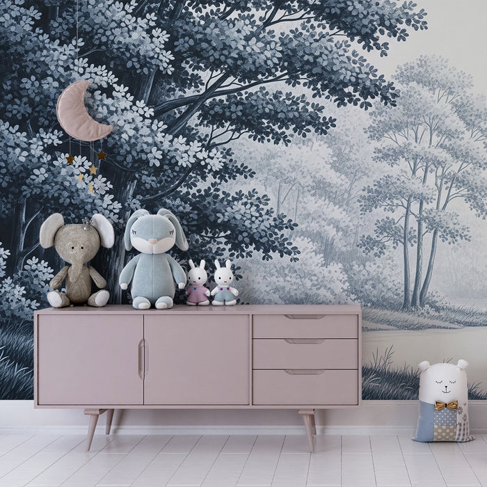 Kids' room wallpaper | Peaceful forest in shades of blue