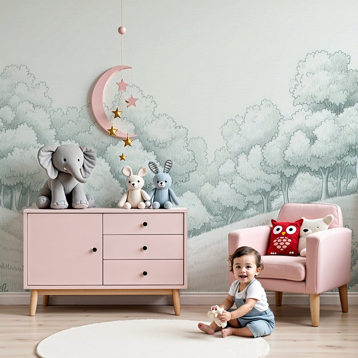 Papier peint chambre enfant | Forêt paisible en nuances de gris