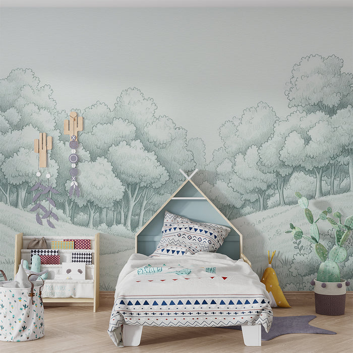 Papier peint chambre enfant | Forêt paisible en nuances de gris