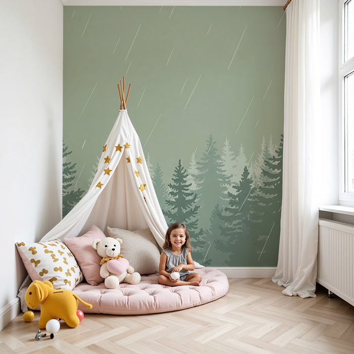 Carta da parati bambini | Foresta tranquilla sotto la pioggia con alberi di pino