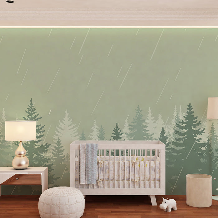 Carta da parati bambini | Foresta tranquilla sotto la pioggia con alberi di pino