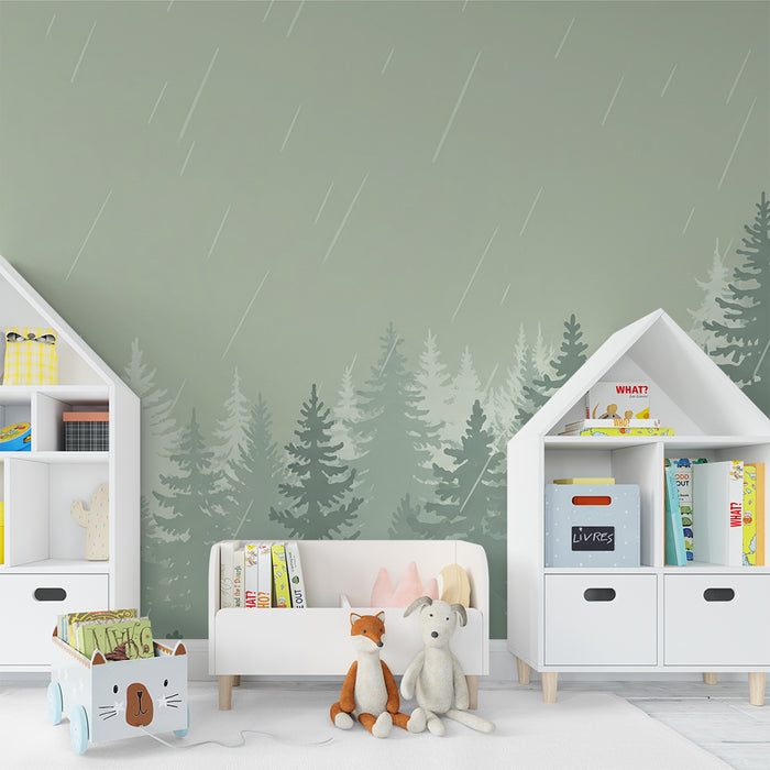 Carta da parati bambini | Foresta tranquilla sotto la pioggia con alberi di pino