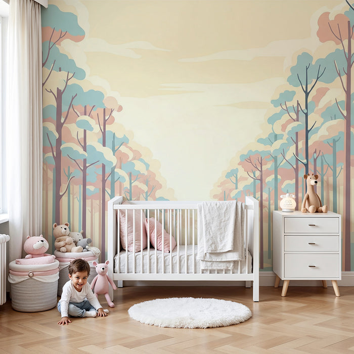 Papier peint chambre enfant | Forêt pastel avec arbres enneigés