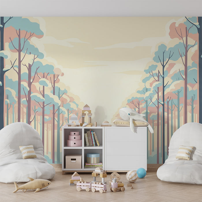 Papier peint chambre enfant | Forêt pastel avec arbres enneigés