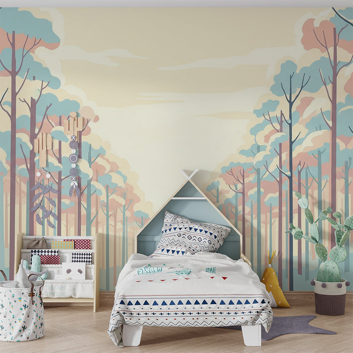 Papier peint chambre enfant | Forêt pastel avec arbres enneigés