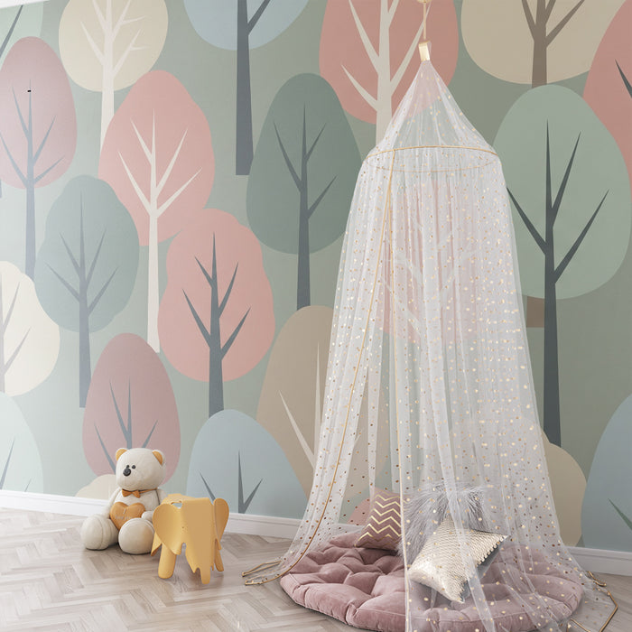 Tapeta dětského pokoje | Pastelový les s pěknými stromy