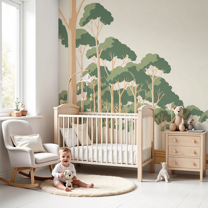 Behang kinderkamer | Gestileerd bos met bomen in zachte, rustgevende tinten