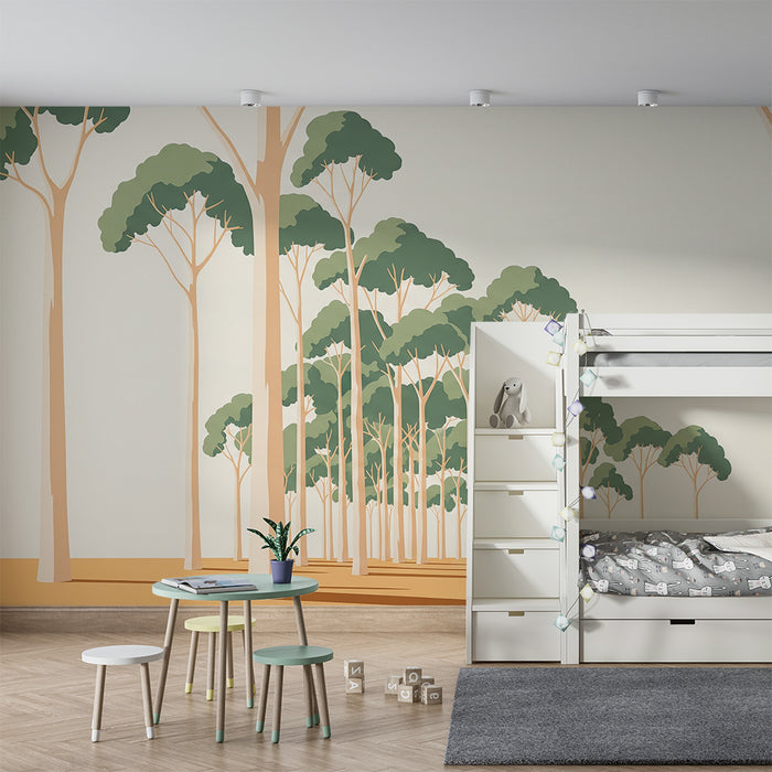 Behang kinderkamer | Gestileerd bos met bomen in zachte, rustgevende tinten