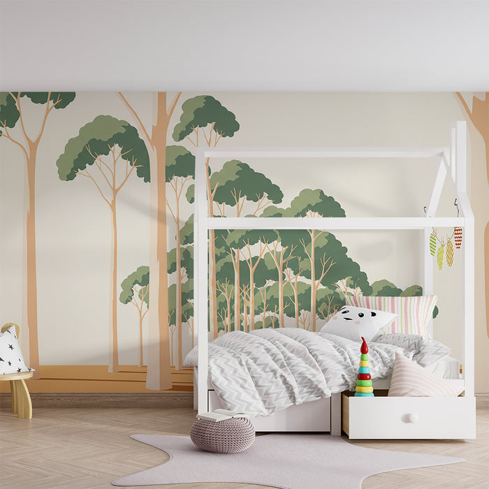 Behang kinderkamer | Gestileerd bos met bomen in zachte, rustgevende tinten