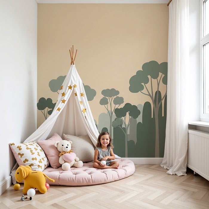 Dětské tapety do pokojíčku | Stylizovaný les s jemnými odstíny stromů