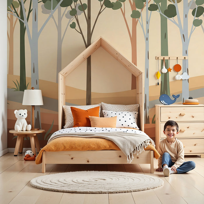 Children's bedroom wallpaper | Stylized forest with colorful trees and soft landscapes