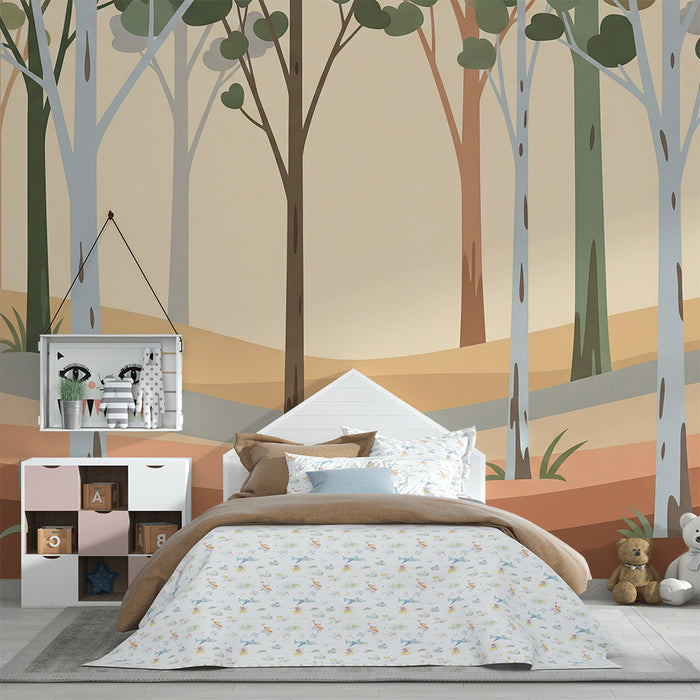 Children's bedroom wallpaper | Stylized forest with colorful trees and soft landscapes