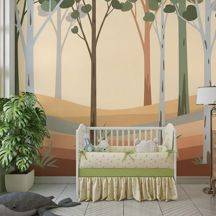 Children's bedroom wallpaper | Stylized forest with colorful trees and soft landscapes