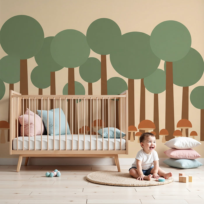 Kinderzimmer Tapete | Stilisierter Wald mit bunten Bäumen und Pilzen