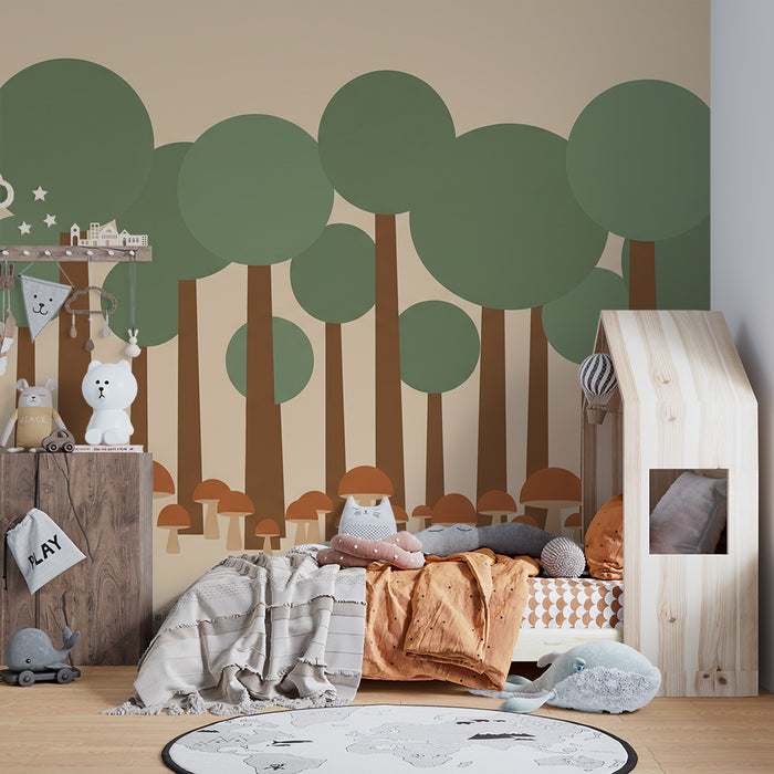 Kinderzimmer Tapete | Stilisierter Wald mit bunten Bäumen und Pilzen