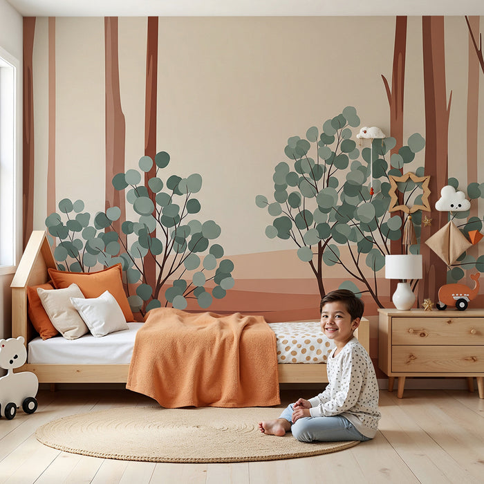 Papier peint chambre enfant | Forêt stylisée avec arbres et feuillage doux