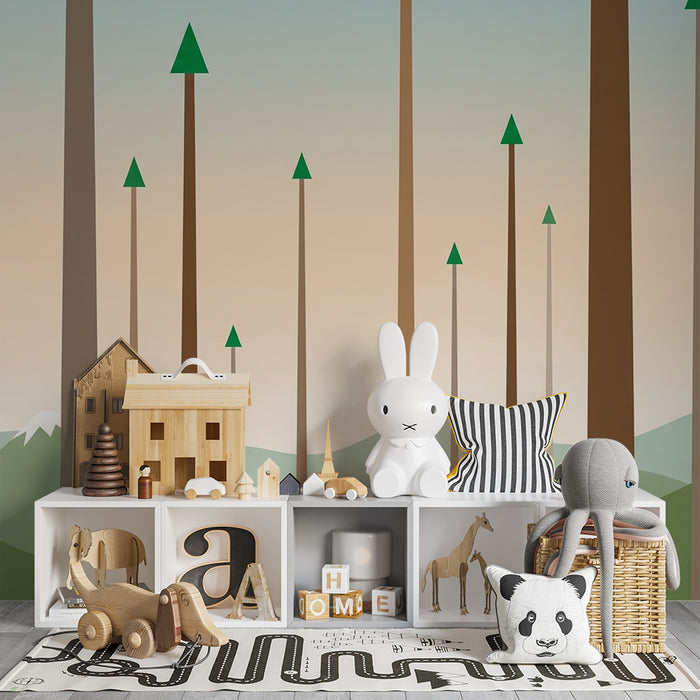 Kids room wallpaper | Stylized forest with geometric trees and mountains