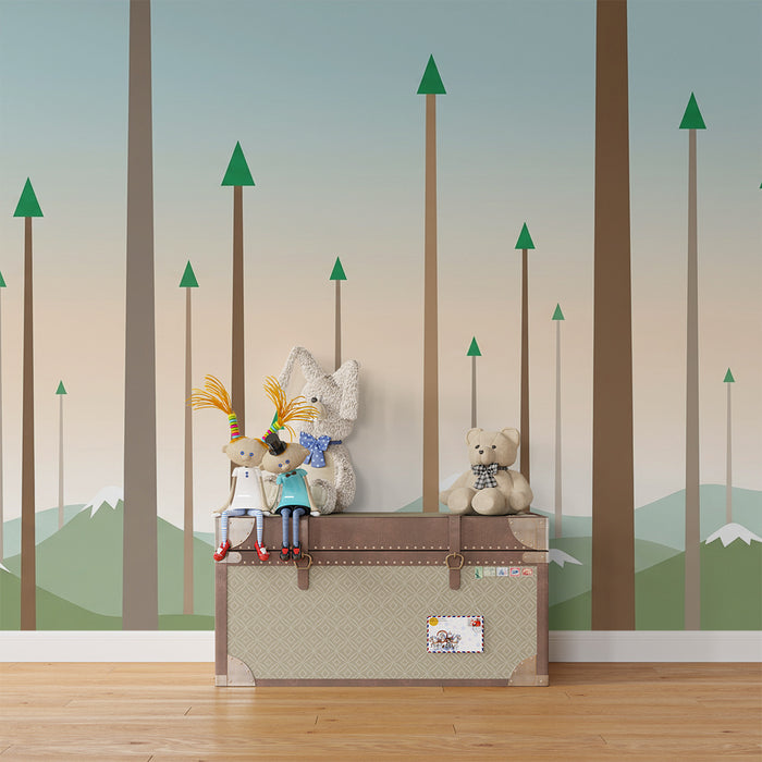 Kids room wallpaper | Stylized forest with geometric trees and mountains