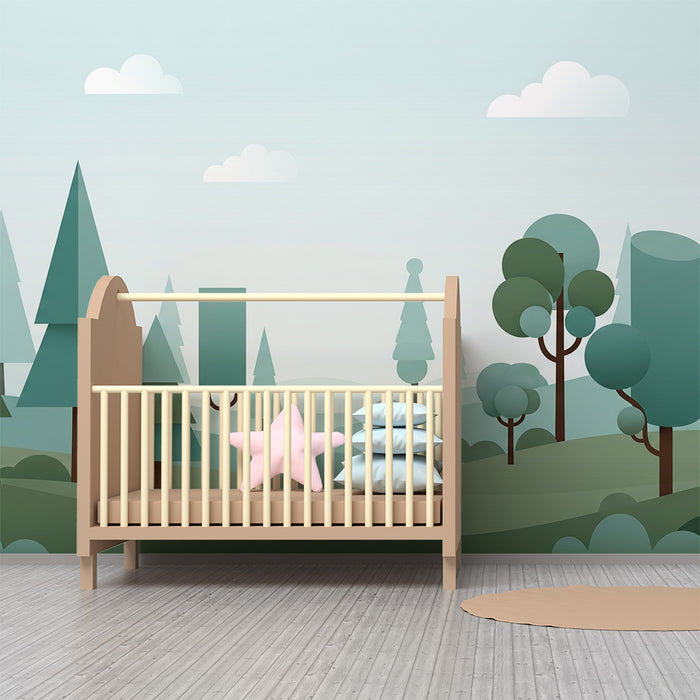 Papel de parede criança | Estilizada floresta com árvores geométricas e nuvens suaves