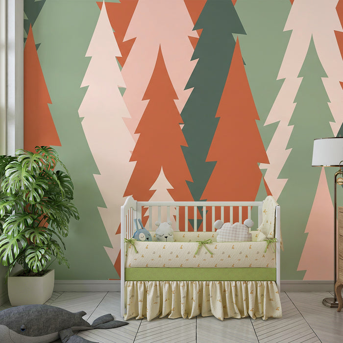 Børneværelse tapet | Stiliseret skov med farverige træer