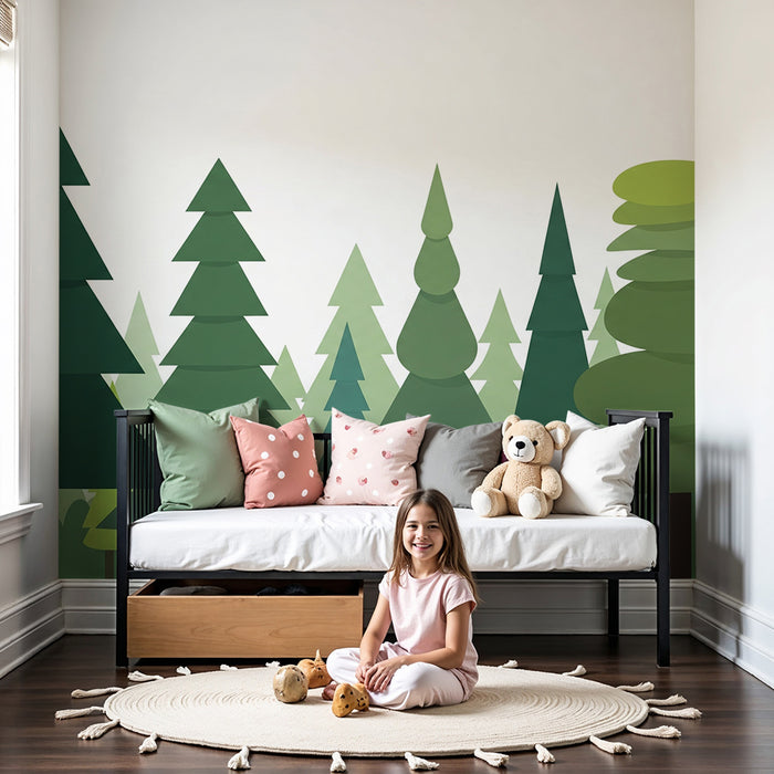 Kinderzimmer Tapete | Stilisierter Wald mit geometrischen Bäumen