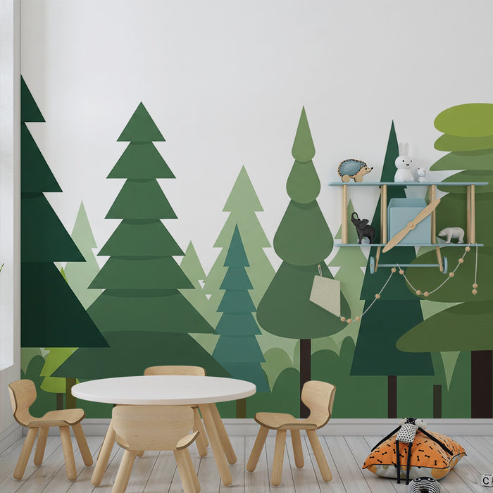 Kinderzimmer Tapete | Stilisierter Wald mit geometrischen Bäumen