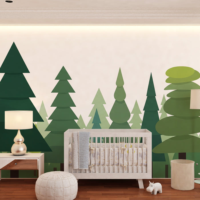 Kinderzimmer Tapete | Stilisierter Wald mit geometrischen Bäumen