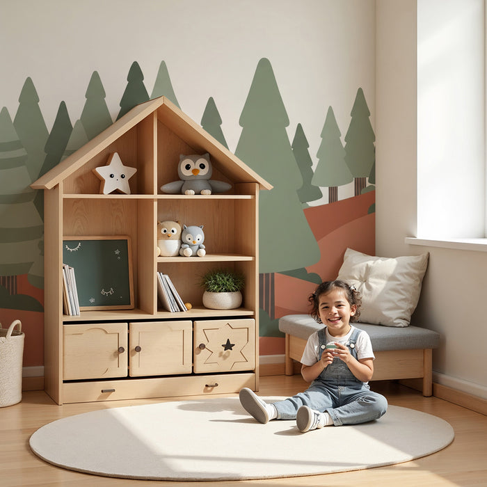 Papier peint chambre enfant | Forêt stylisée avec des arbres verts et des collines ocres