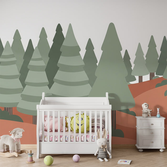 Papier peint chambre enfant | Forêt stylisée avec des arbres verts et des collines ocres