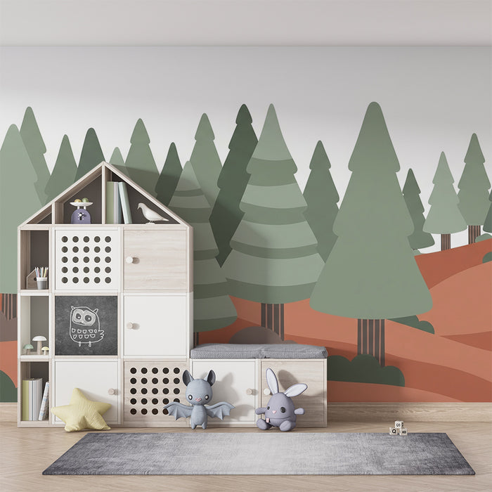 Papier peint chambre enfant | Forêt stylisée avec des arbres verts et des collines ocres