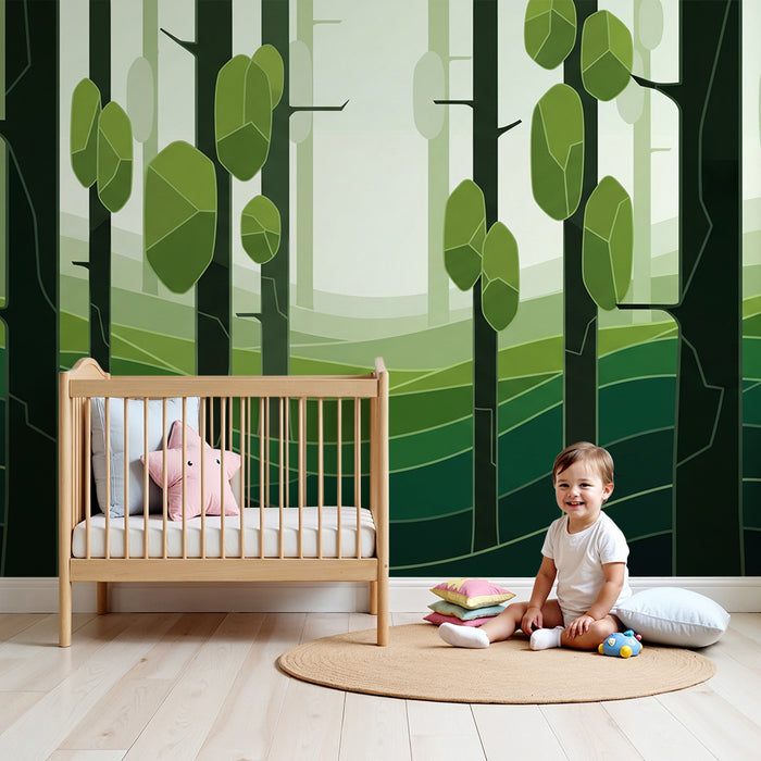 Kinderkamer behang | Gestileerd bos met groene bomen en rustgevende golven