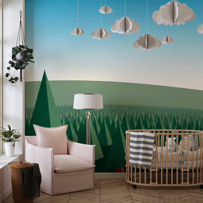 Barntapet | Stiliserad skog med gröna träd och blå himmel