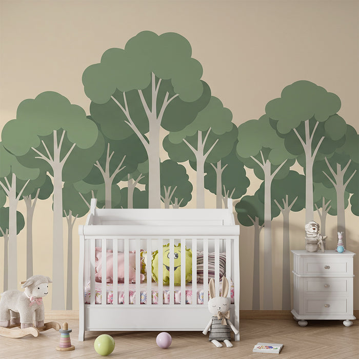 Behang kinderkamer | Gestileerd bos met groene bomen op zachte achtergrond