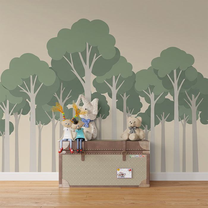 Behang kinderkamer | Gestileerd bos met groene bomen op zachte achtergrond