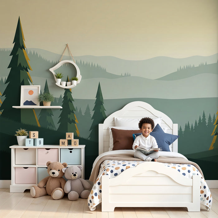 Papel pintado infantil | Bosque estilizado con pinos majestuosos y suaves colinas