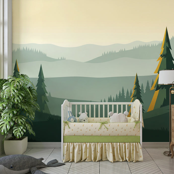 Papel pintado infantil | Bosque estilizado con pinos majestuosos y suaves colinas