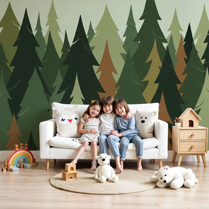 Kinderkamer behang | Gestileerd bos met kleurrijke dennenbomen