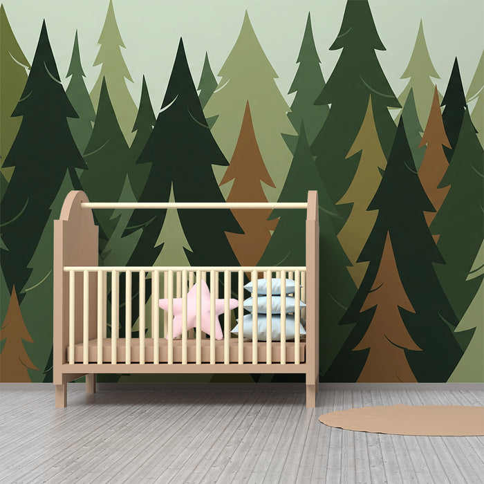 Kinderkamer behang | Gestileerd bos met kleurrijke dennenbomen