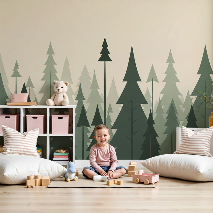 Kinderkamer behang | Gestileerd bos met dennenbomen in verschillende tinten groen
