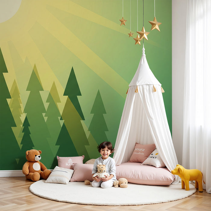 Kids room wallpaper | Stylized forest with soft light and green foliage