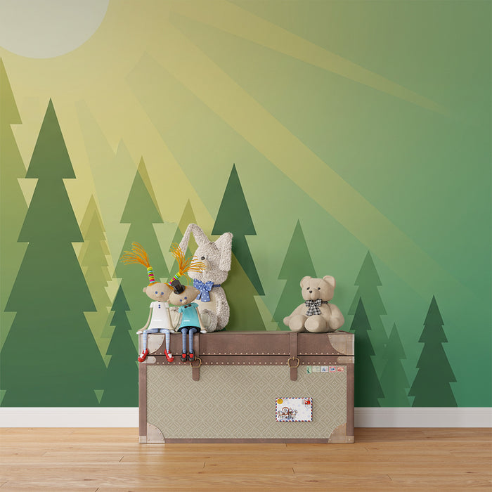 Kids room wallpaper | Stylized forest with soft light and green foliage