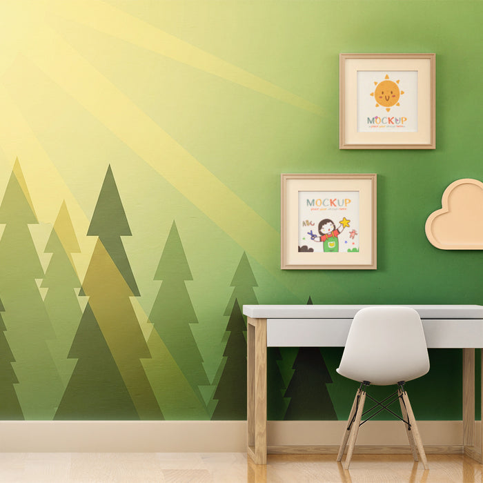 Kids room wallpaper | Stylized forest with soft light and green foliage