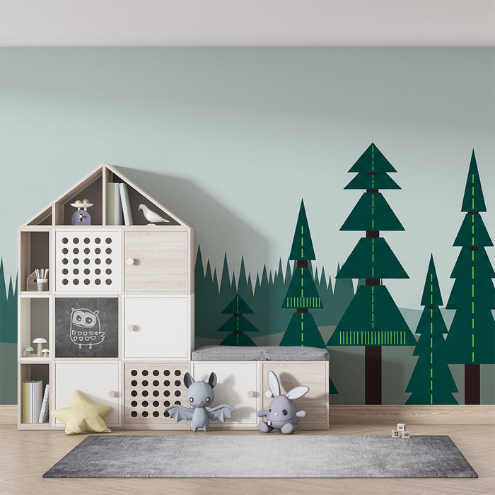 Barntapet | Stiliserad skog med gröna tallar och mjuka kullar