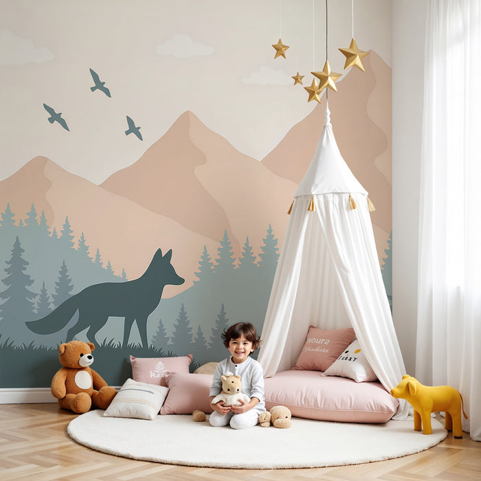 Kinderzimmer Tapete | Ruhiger Wald und Fuchs Silhouette