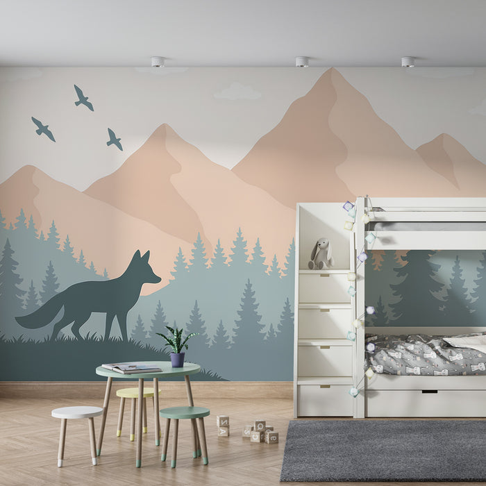 Kinderzimmer Tapete | Ruhiger Wald und Fuchs Silhouette
