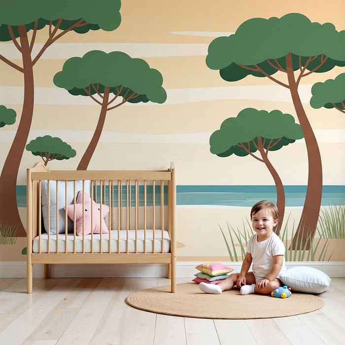 Carta da parati camera bambini | Foresta tropicale con alberi stilizzati e oceano rilassante